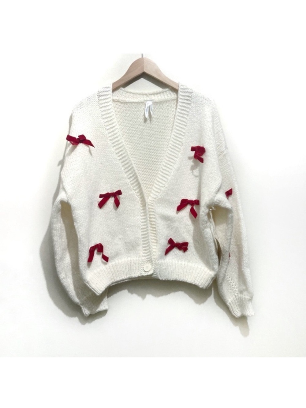 Dreamers Bow Cardigan Size Medium White Red New Oversized